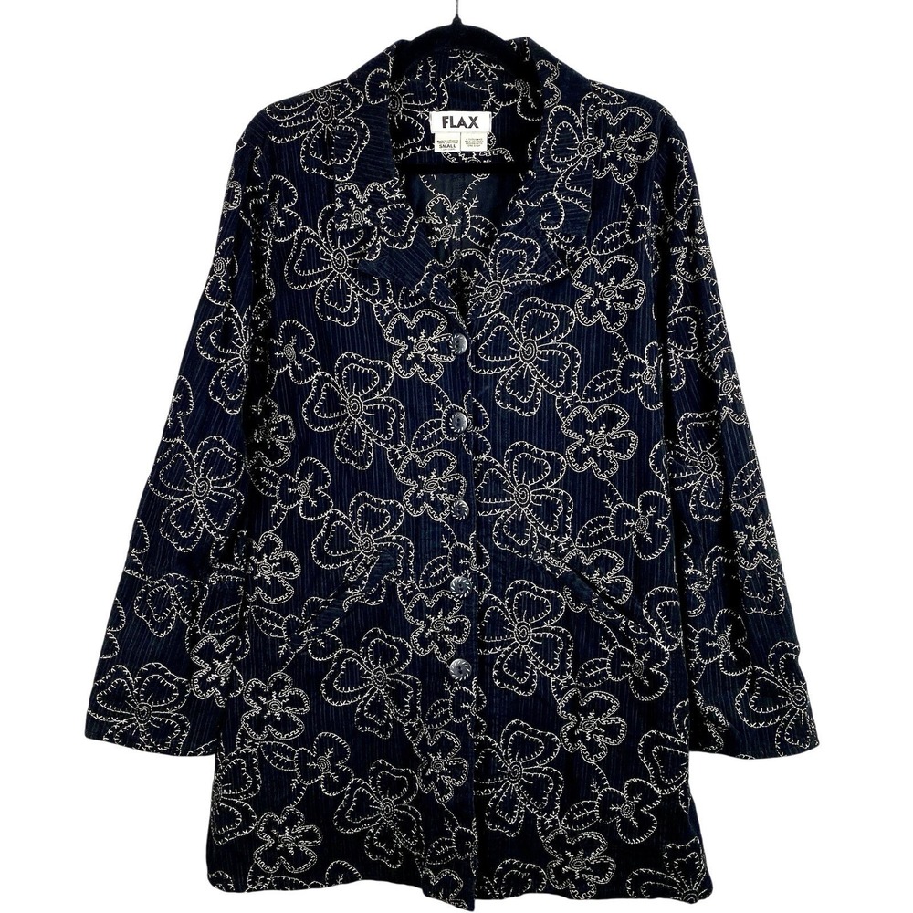 Flax Sz Small  Long Sleeve Black Embroidered Lagenlook Minimalist Cotton Coastal